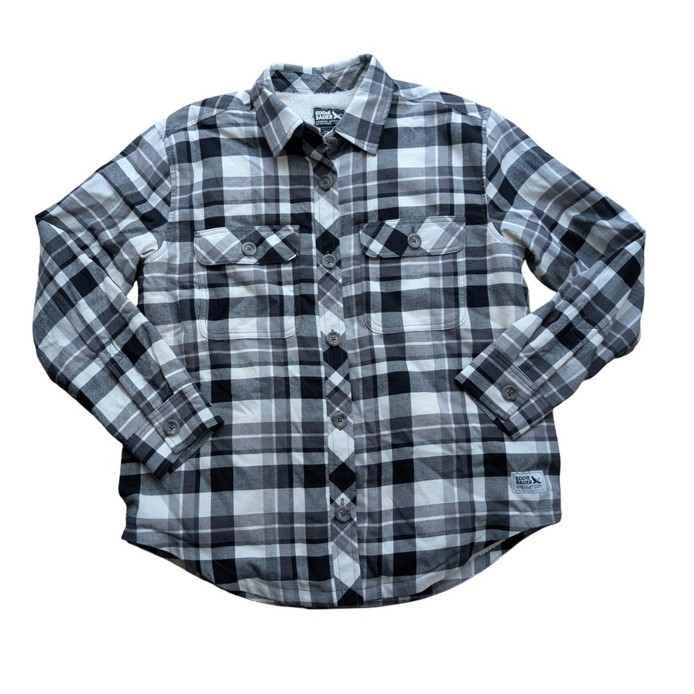 Eddie Bauer Womens Sherpa Lined Flannel Shirt Jacket Black White Plaid M NEW